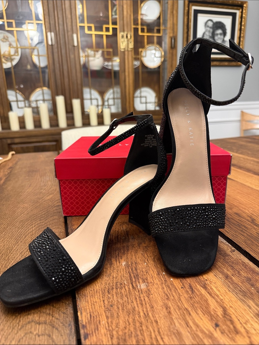 Kelly & Katie Caital-XW Black Rhinestone Block Heel Sandals - Women's Size 9Wide
